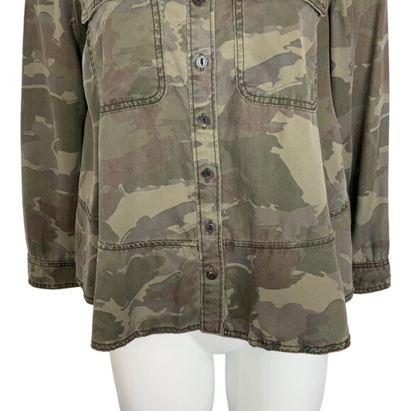Anthropologie Montana Camo Buttondown Blouse 4P Petite Green Long Sleeve Fall - Picture 10 of 12